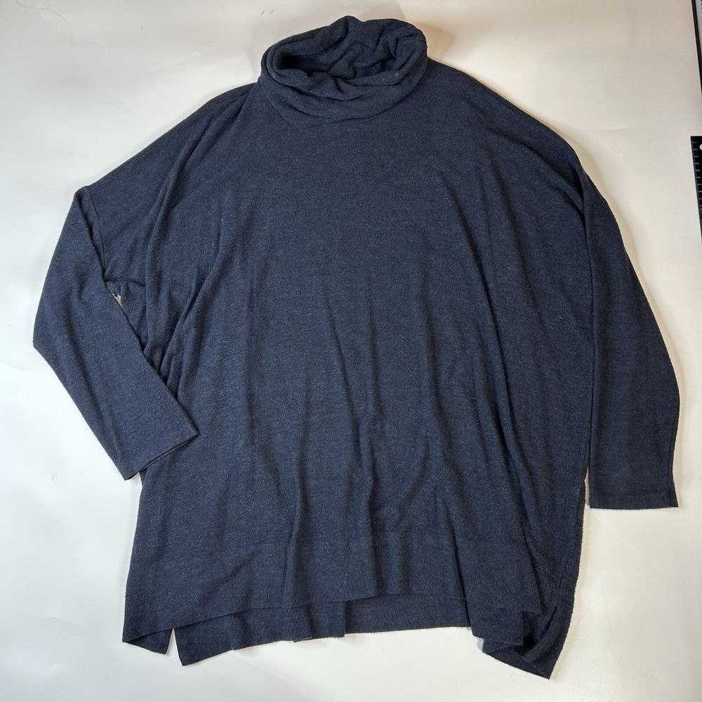 Capote Tunic Top Womens Large Cowl Neck High Low Navy Blue Made In USA Relaxed